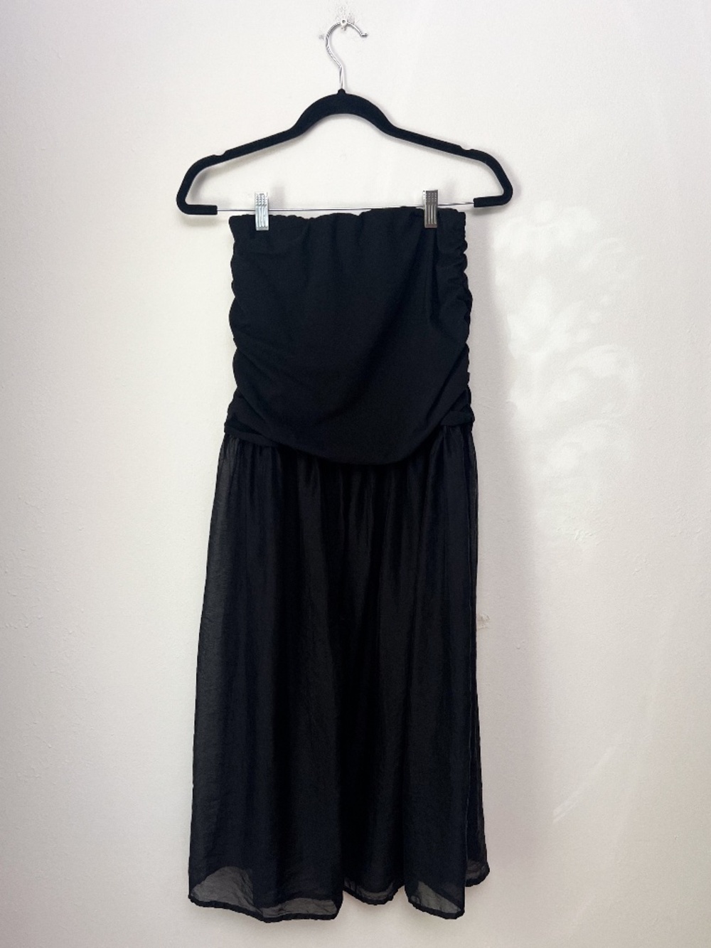 Strapless Black Dress: Sheer Hem Tunic Top Ruched Size M Flowy Dark Romantic